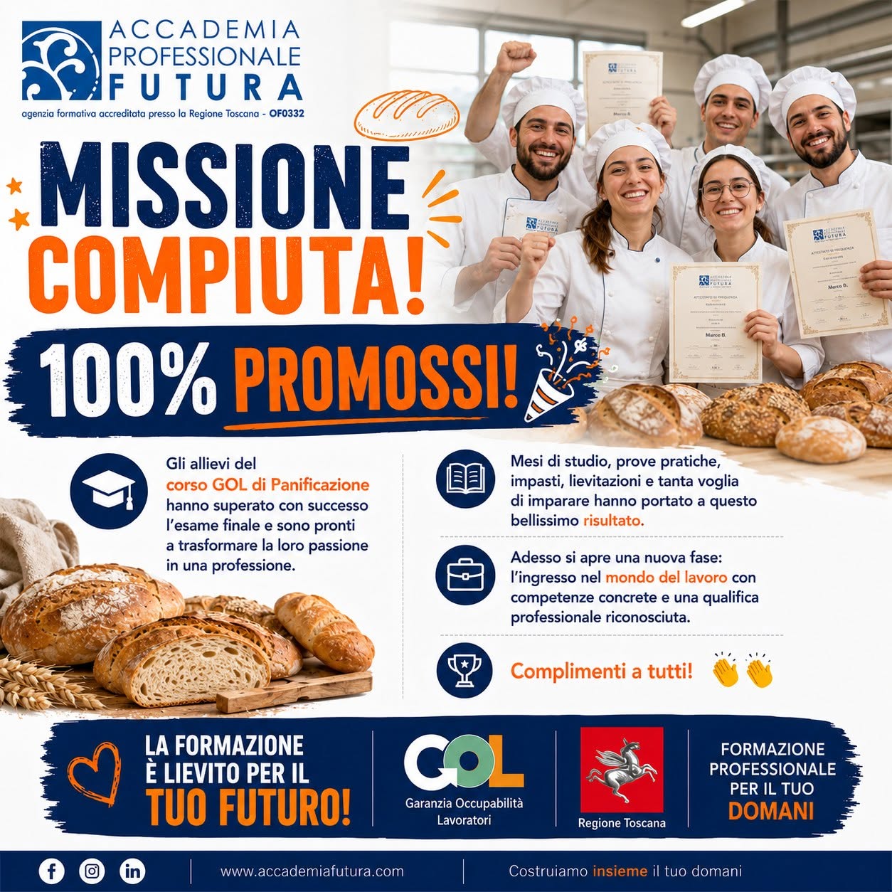 Locandina: missione compiuta, 100% promossi al corso GOL di panificazione. Gli allievi con l'attestato di frequenza