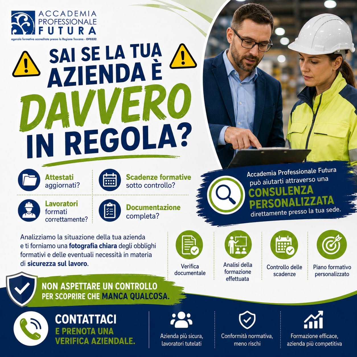 Locandina: sai se la tua azienda è davvero in regola? Attestati aggiornati, scadenze formative sotto controllo, lavoratori formati correttamente, documentazione completa