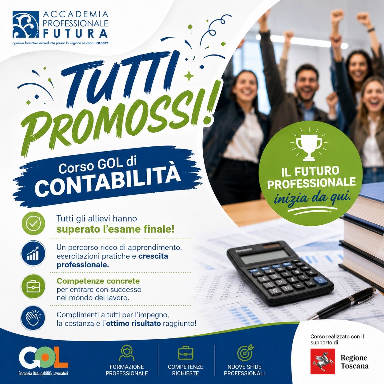 Locandina: tutti promossi al corso GOL di contabilità. Tutti gli allievi hanno superato l'esame finale