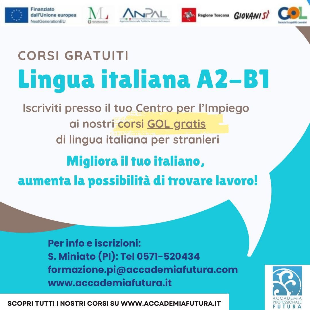 Locandina del corso di italiano per stranieri dal livello A1 al B2
