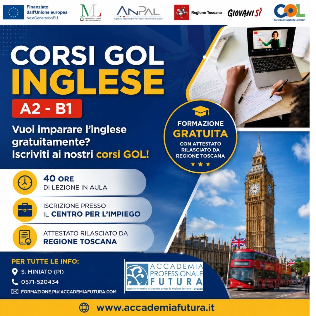 Locandina del corso di inglese dal livello A1 al B2