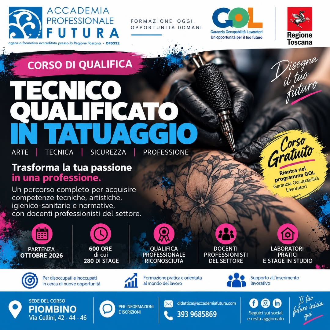 Locandina del corso Tecnico qualificato in tatuaggio, partenza ottobre 2026 a Piombino