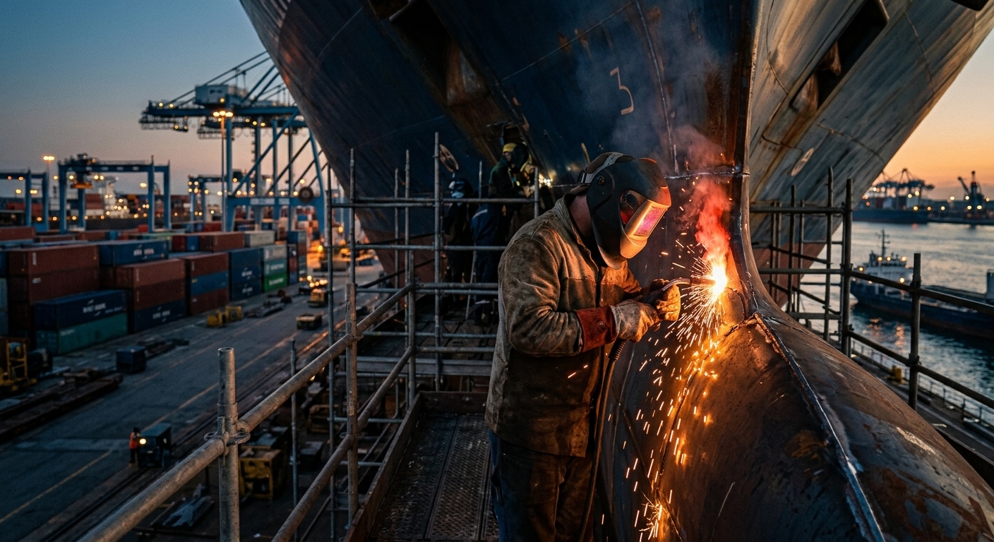Allievi al lavoro durante un corso gratuito di saldatura in officina