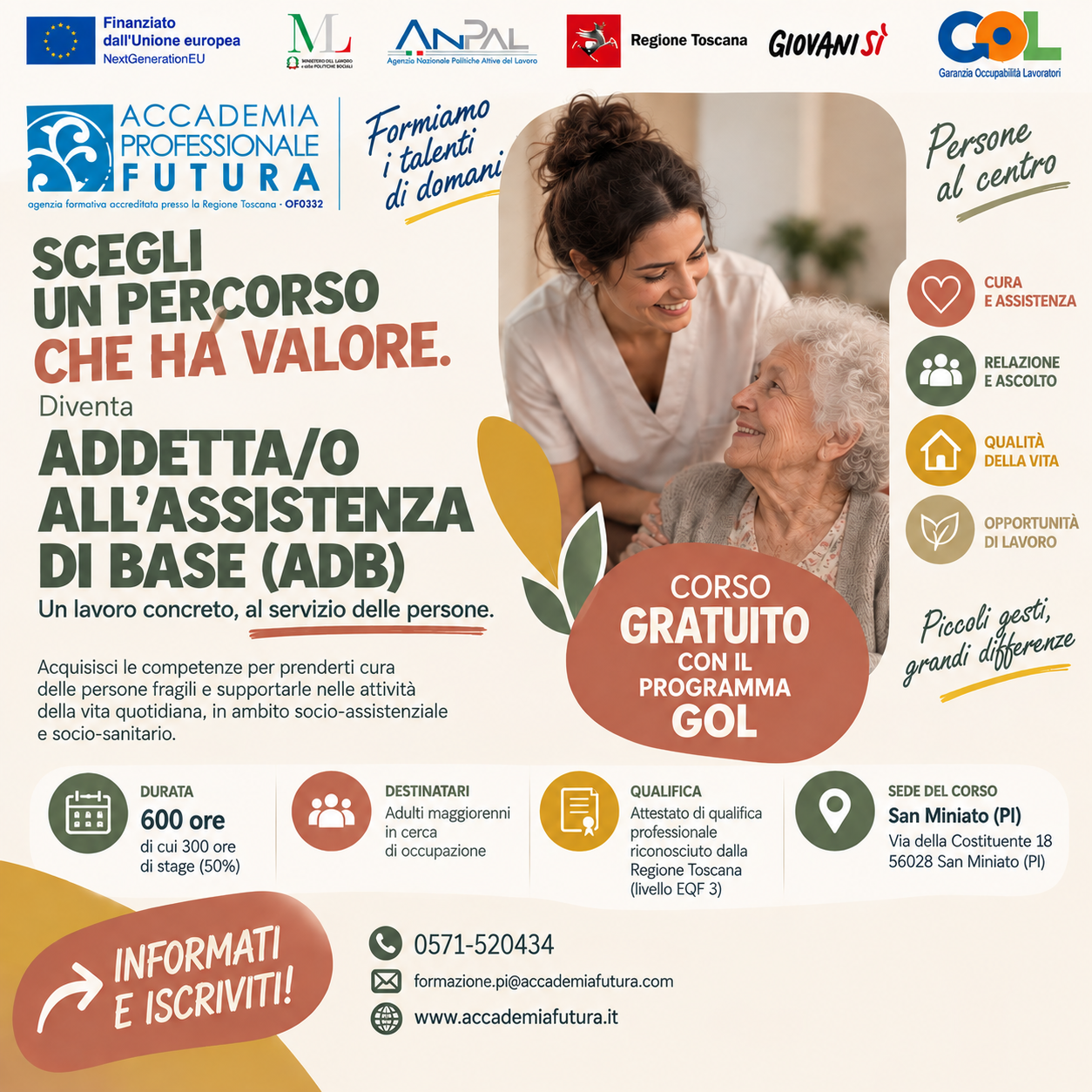 Locandina del corso gratuito per Addetta e Addetto all&rsquo;Assistenza di Base, con qualifica riconosciuta dalla Regione Toscana